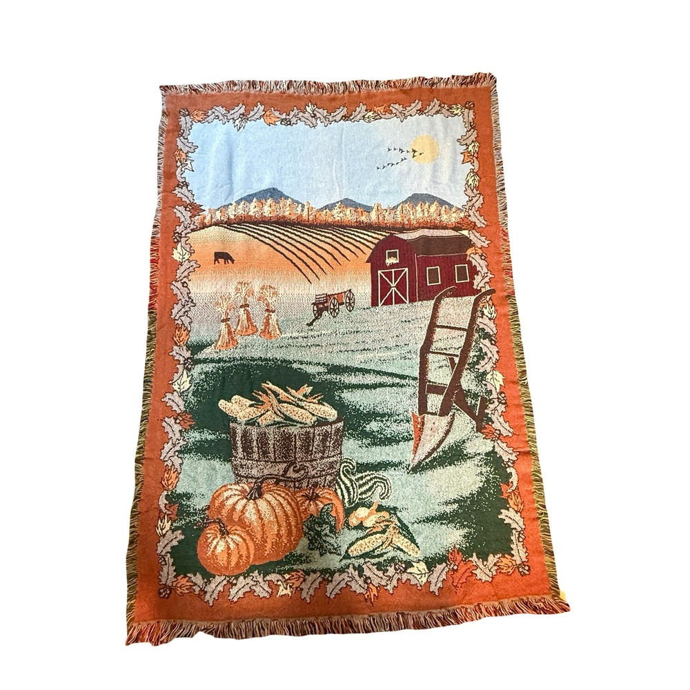 Vtg Autumn Farm Scene Woven Tapestry Throw Blanket Pumpkin Red Barn Fall Fringe